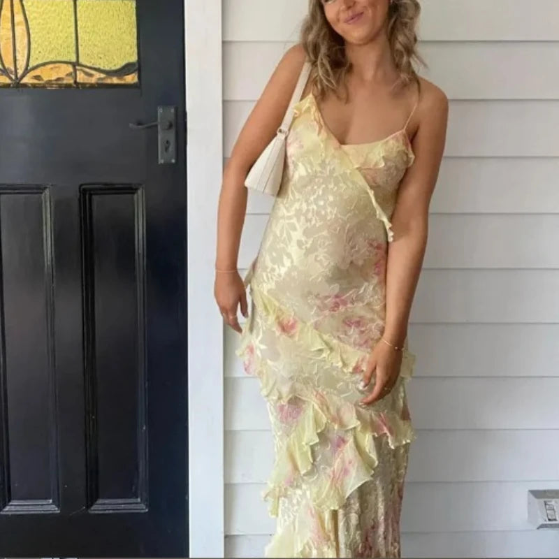 V-neck Backless Sleeveless Long Dresses Fashionable High Waist Slim Party Dress Print ’s Evening Dress
