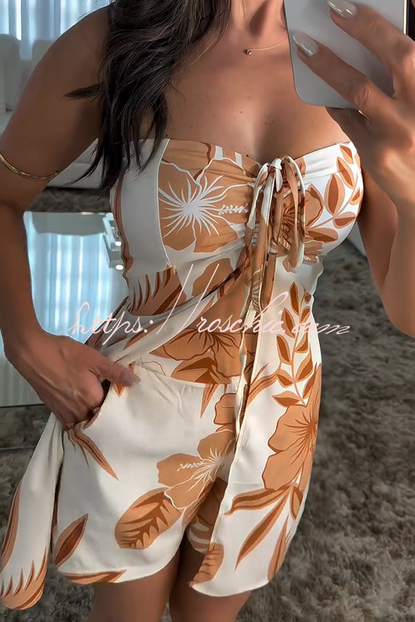 Print Bandeau Drawstring Top and Elastic Waist Pocket Shorts Set