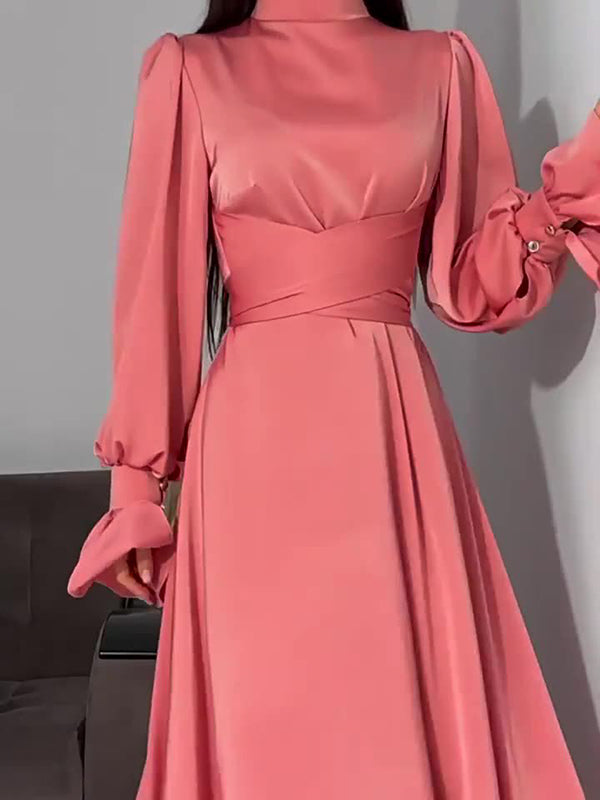 A-line Long Sleeves Pleated Color Tied Waist Zipper Mock Neck Maxi Dresses