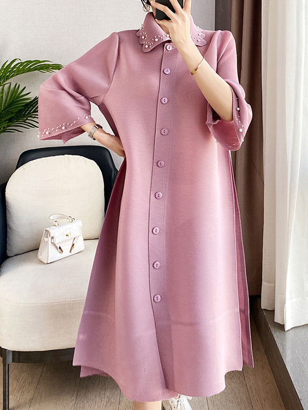 Loose Three-quarter Sleeves Beaded Pleated Lapel Midi Dresses