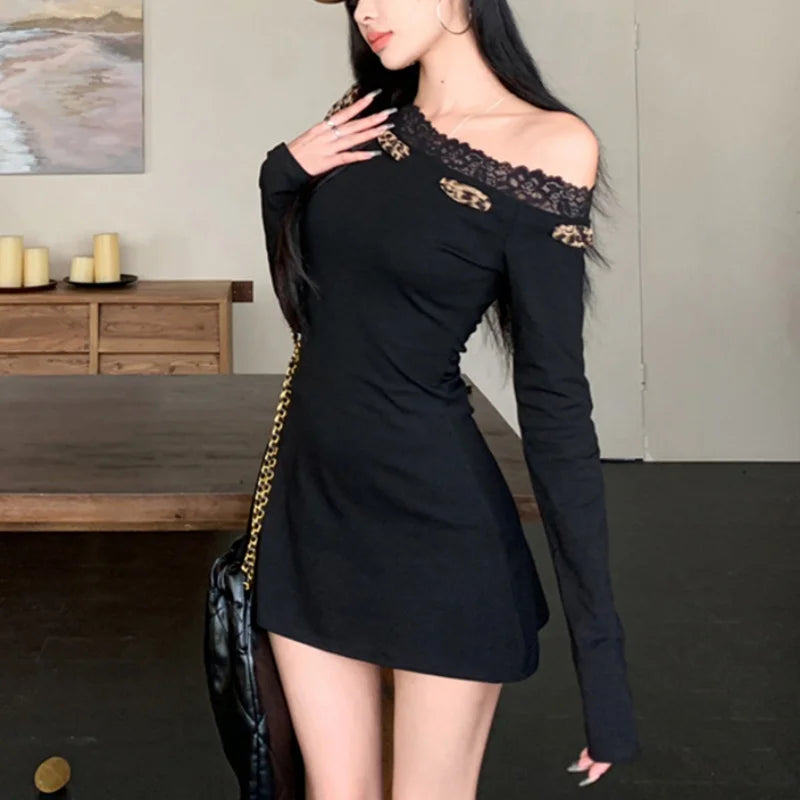 Dress Y2k Clothes Leopard Print Lace Trim Off Shoulder Long Sleeve a Line Mini Dress Party Dresses Clubwear