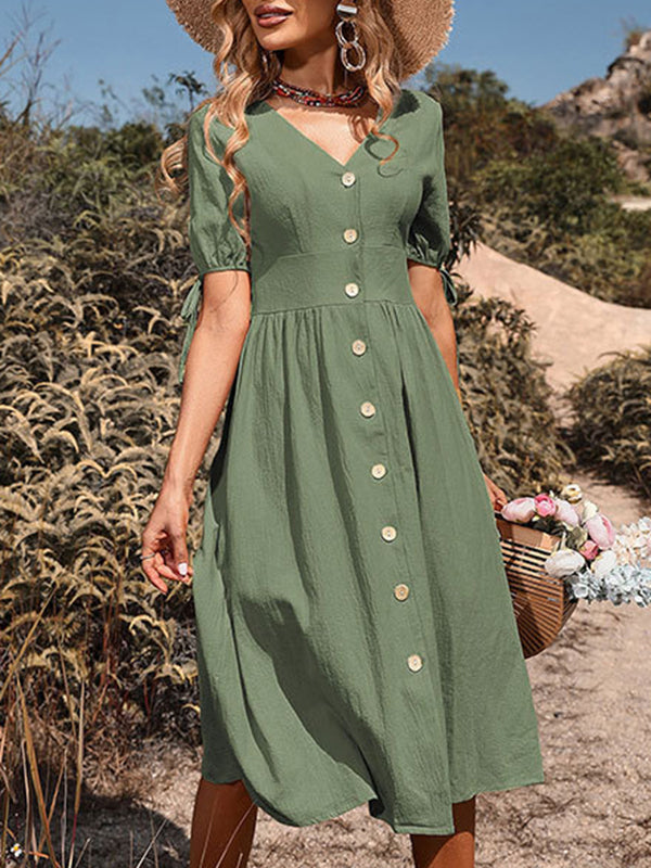 A-line High Waisted Buttoned Hollow Pleated Split-joint Tied V-neck Midi Dresses
