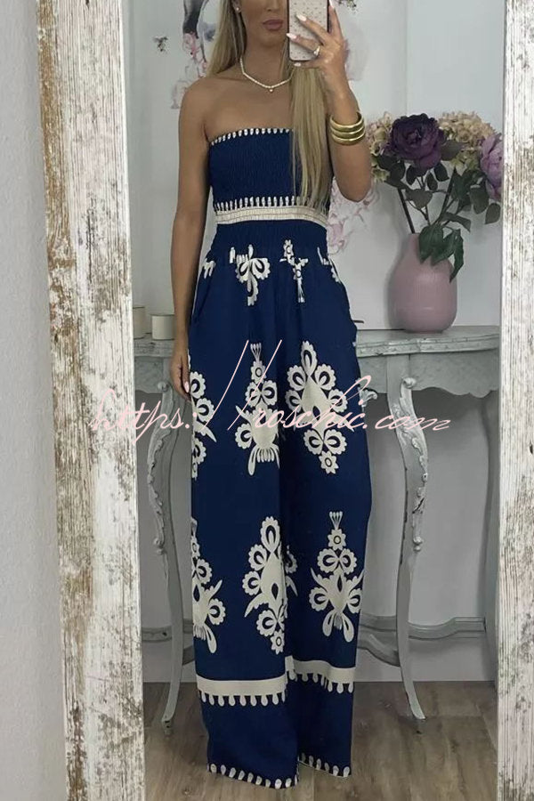 Larsen Print Off Shooulder Smocked Bust Pocketed Jumpsuit