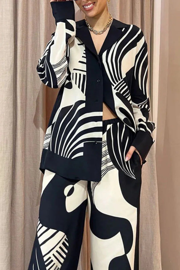 Black and White Printed Lapel Loose Two-piece Set