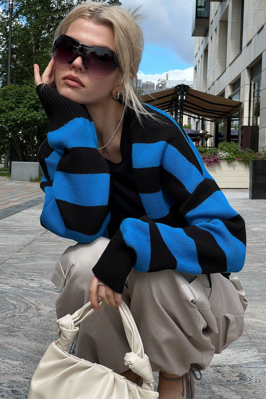 Loose Russian Color Block Knit Cardigan