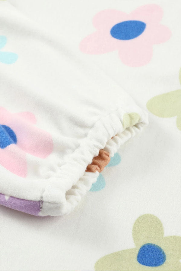 White Print Henley Top & Drawstring Shorts Loungewear Set