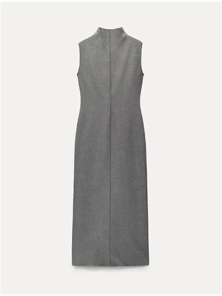 Sleeveless Split Patchwork Long Dress Female Straight Slim High Waist Zipper Maxi Dress Autumn Turtleneck Dress
