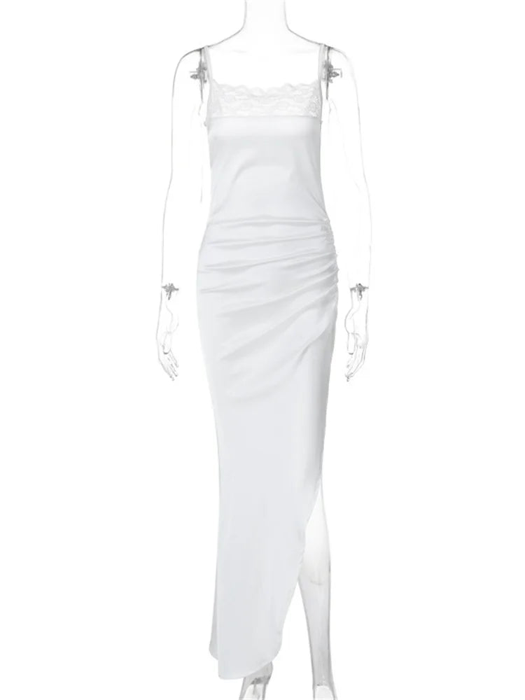 Lace Printed Spaghetti Long Dress for Backless High Waist High Split Satin Pleated Halter Dresses