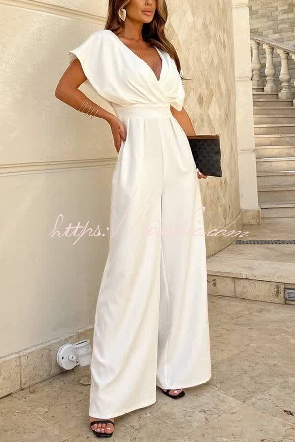 Color V-neck Waist Wide-leg Jumpsuit