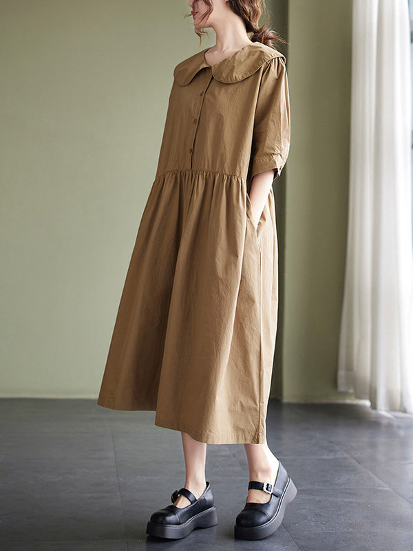 Original Loose Color Buttoned Pleated Midi Dress