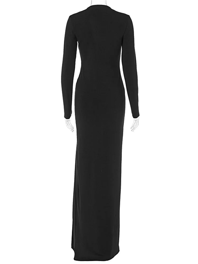 Black V-neck Hollow Out Maxi Dress ’s Slim High Split Long Sleeve Party Dress See-through Long Dress New