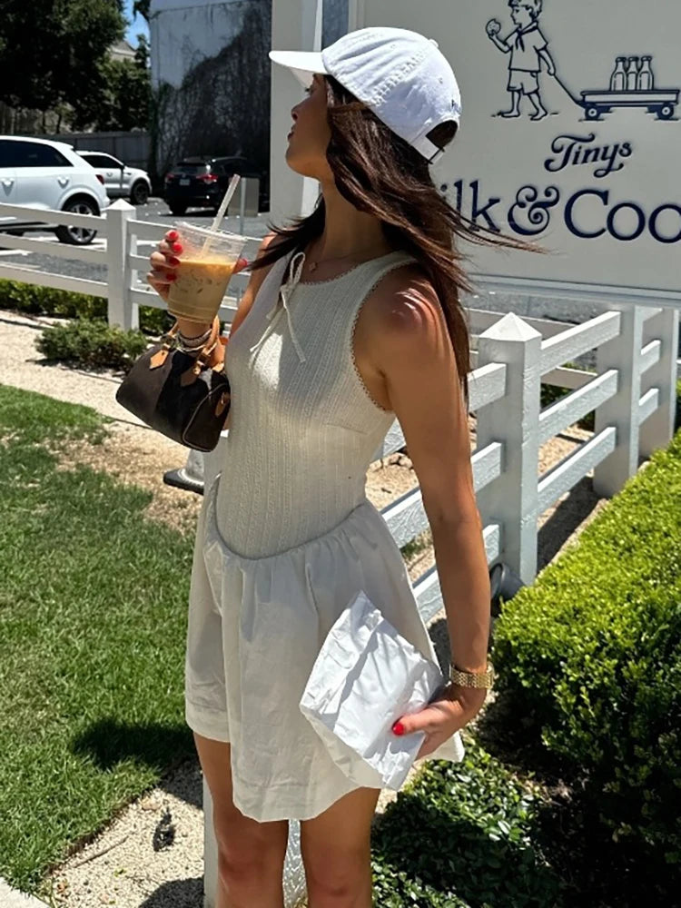 Fantoye Backless A-line Dress White Sleeveless Round Neck Mini Dress Female Summer Loose Vestidos