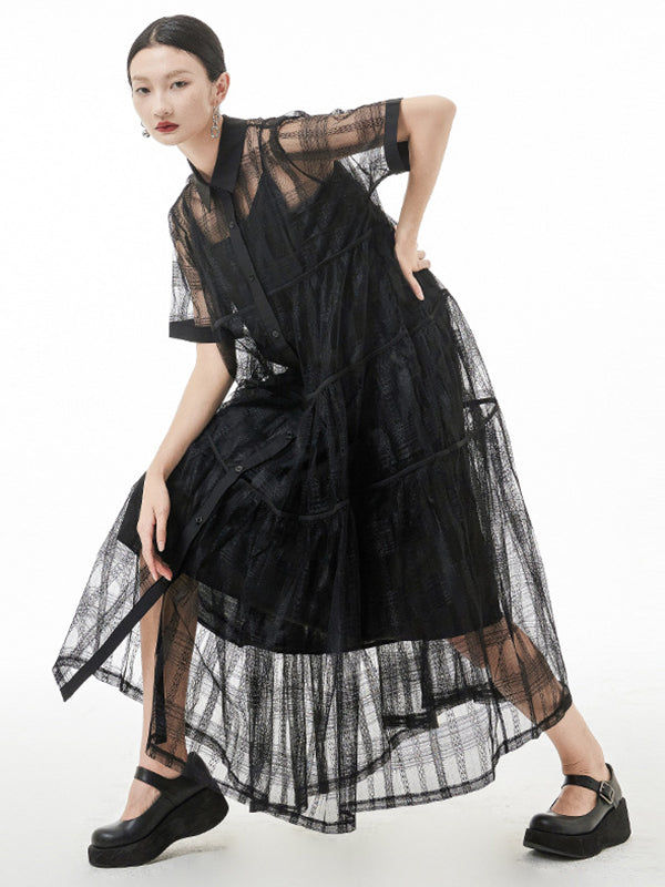 Original Color Hollow See-through Thin Midi Dress
