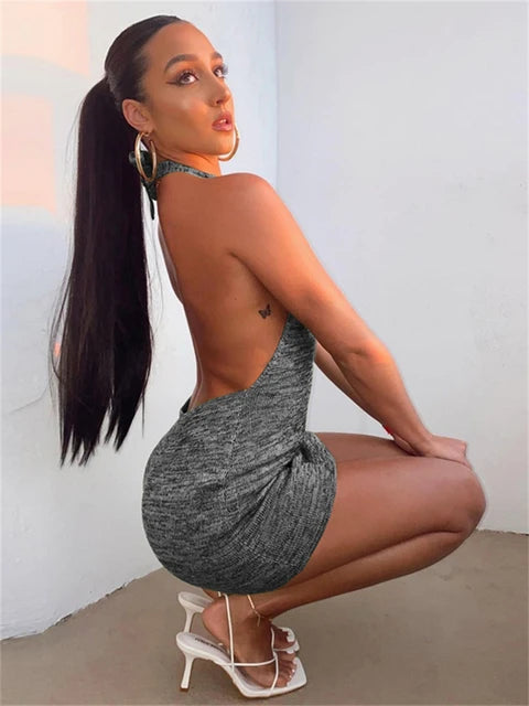 Summer Gradient Backless Knit Dress New Mini Beach Party Halter Dress Holiday Slim Stretch Sweater Dress