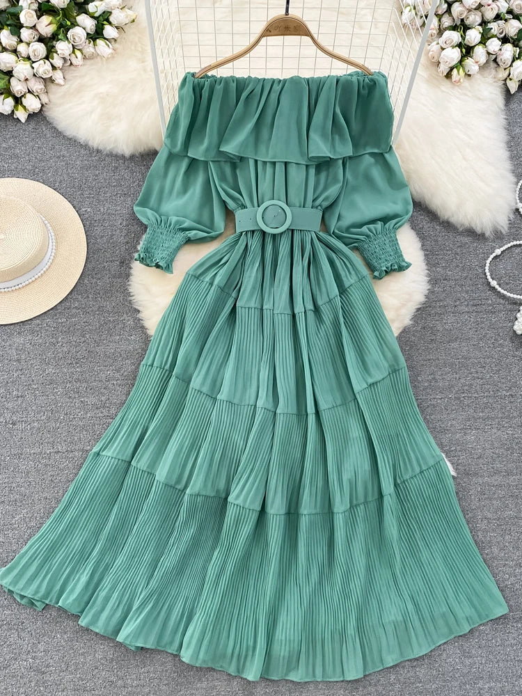 Off Shoulder Dress Chiffon Summer Sweet Lotus Leaf Edge Pleated Dresses Evening Party Long Dress