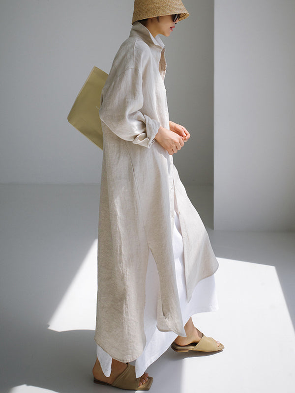 Simple Long Sleeves Split-side Color Lapel Midi Dresses Shirt Dress