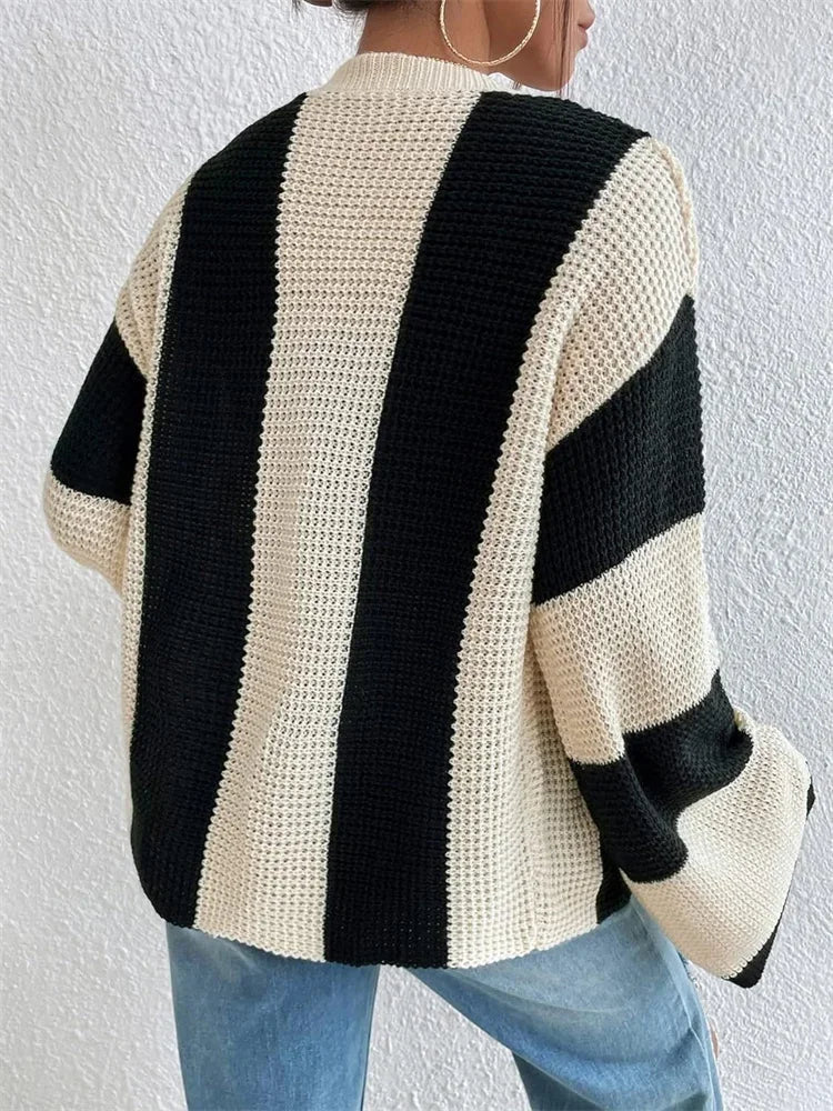 Hollow Out Contrast Cardigan Sweater Knitwear Loose Long Sleeve High Street Outwear Patchwork Female Coat