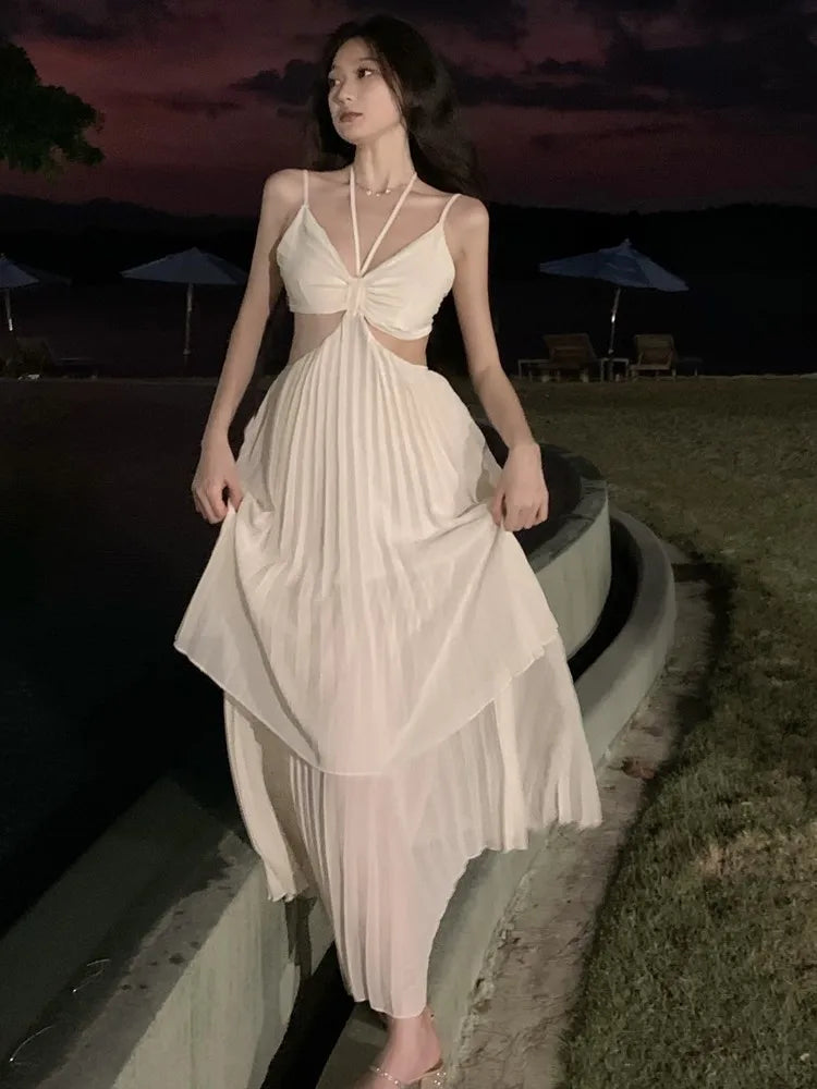 Summer New Pleated Holiday Beach Long Dresses for Vacation Spaghetti Strap a Line Robe Sundress