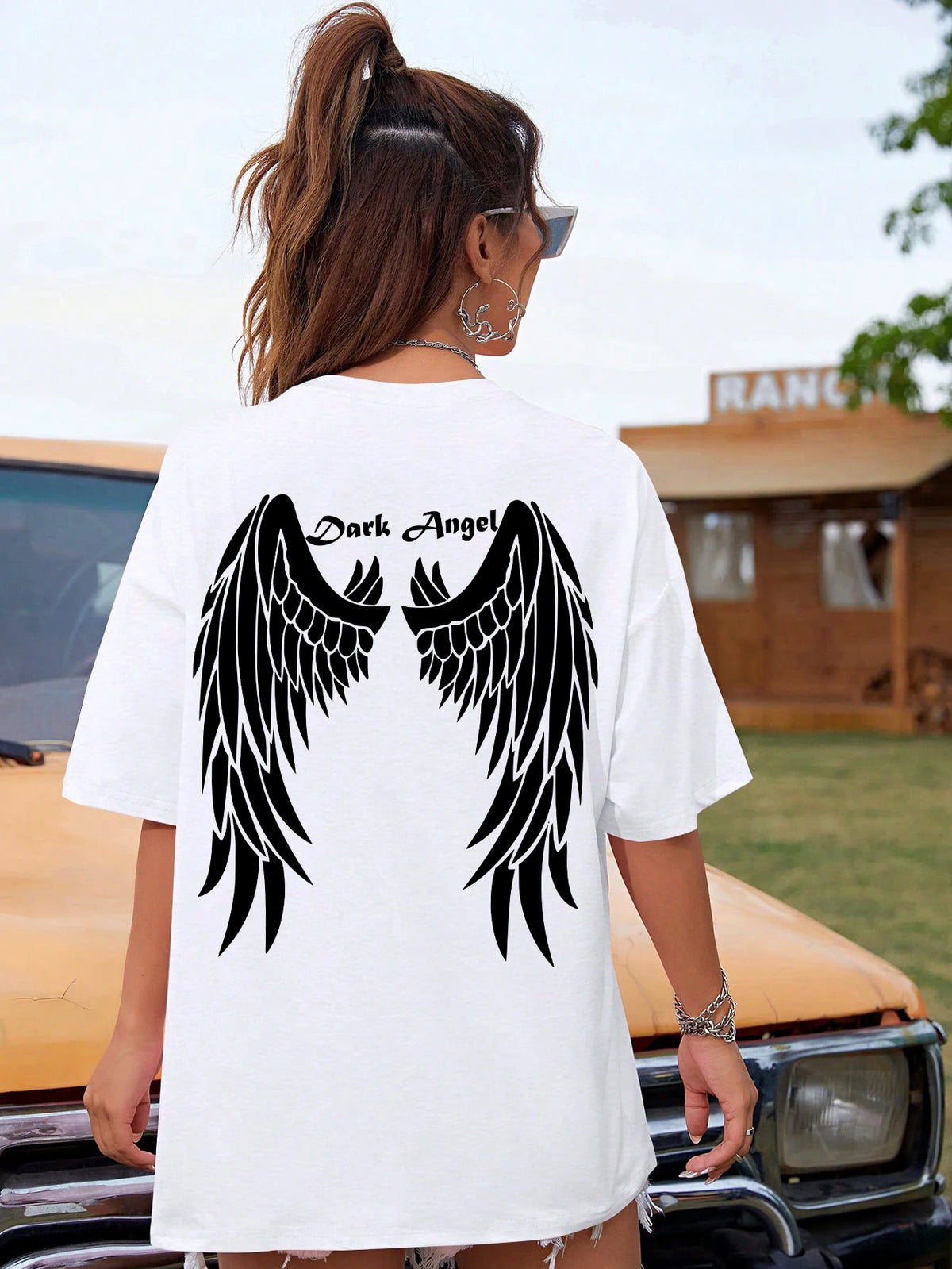 Dark Angel Wing Graphic Printed T-shirts for Loose Oversized Clothing Hip Hop Street Tshirt Cotton Short Sleeves