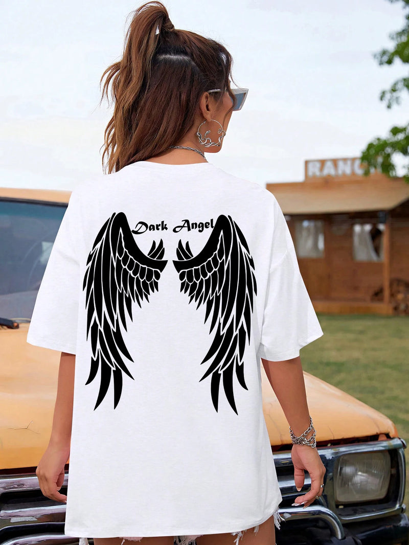 Dark Angel Wing Graphic Printed T-shirts for Loose Oversized Clothing Hip Hop Street Tshirt Cotton Short Sleeves