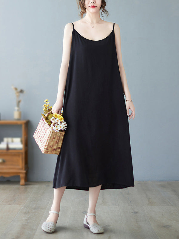 Loose Sleeveless Color Spaghetti-neck Midi Dresses