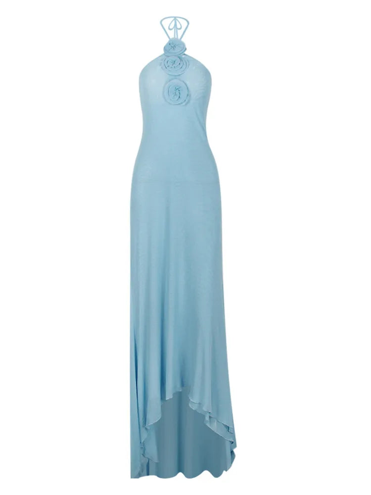 Sleeveless Bodycon Mesh Hanging Neck Dress 3d Flower Long Dress Evening Dress Slimming Party Club Vestido