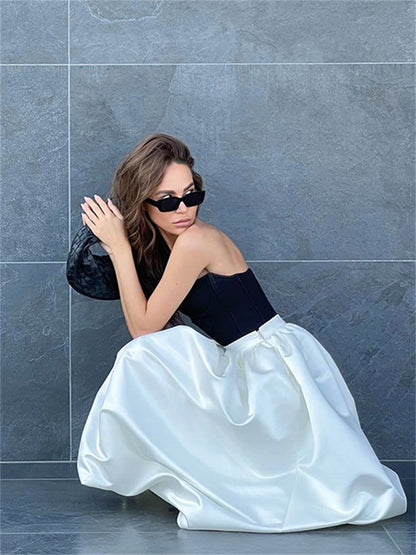 Satin White Skirts High Street Pleated Maxi Skirts for Spring New Evening Nighy Party Skirts