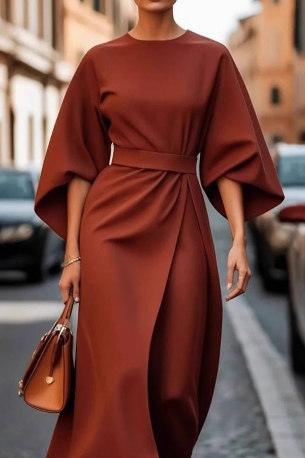 Color Batwing Sleeve Waisted Midi Dress