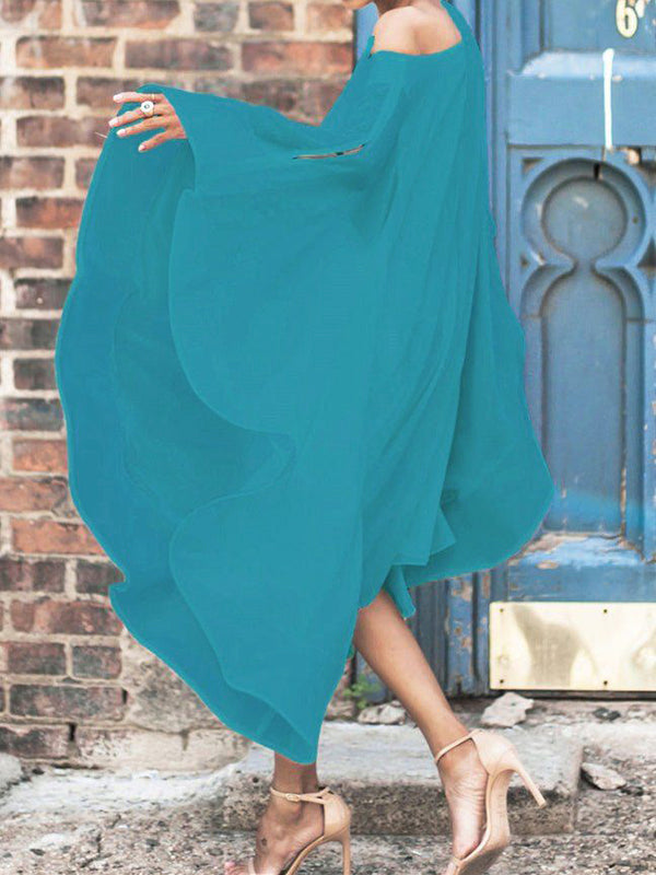 Batwing Sleeves Asymmetric Color Cold Shoulder Midi Dresses