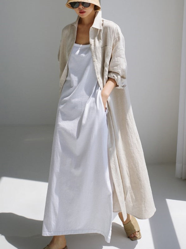 Simple Long Sleeves Split-side Color Lapel Midi Dresses Shirt Dress