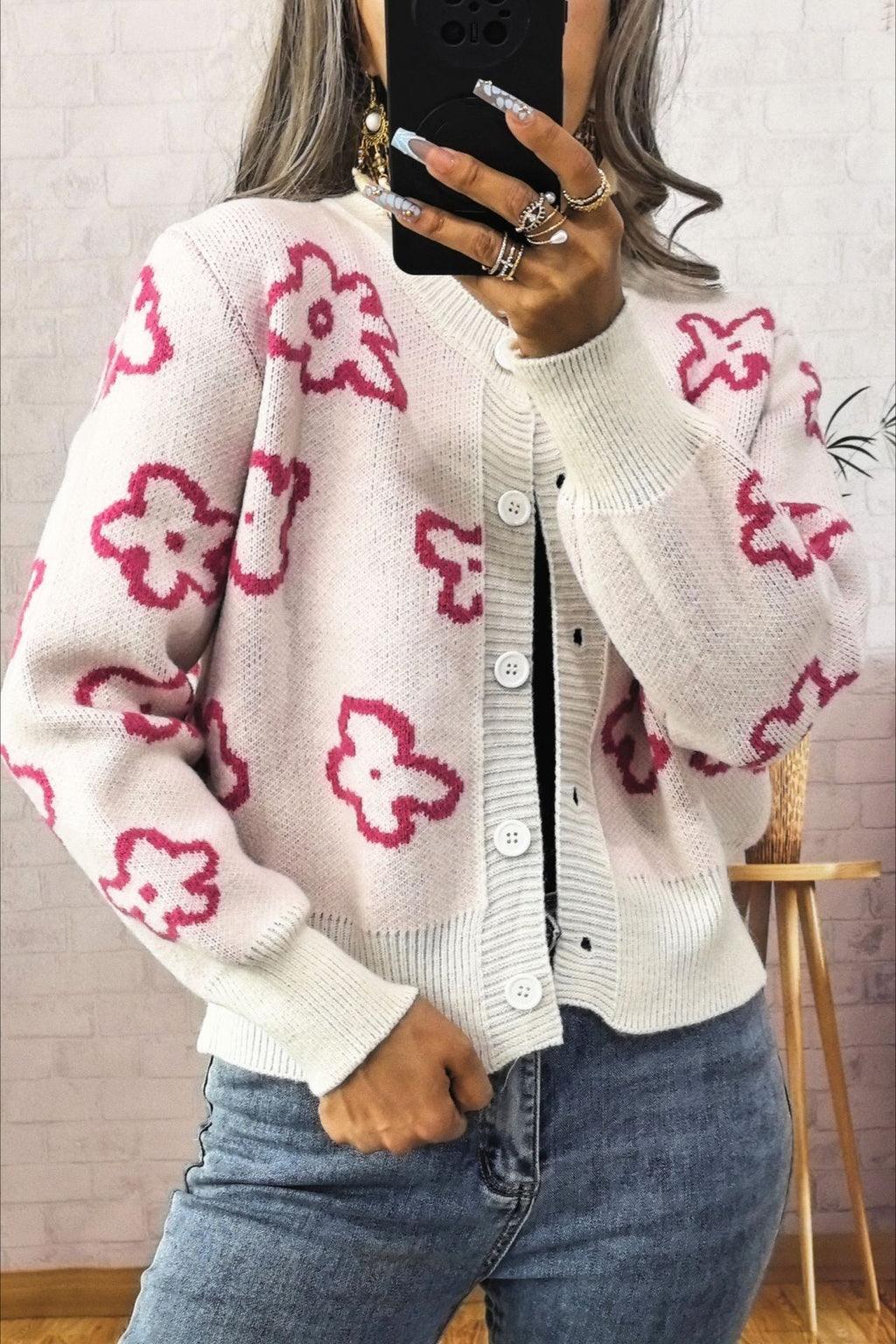 Jacquard Short Single-row Button Knit Cardigan