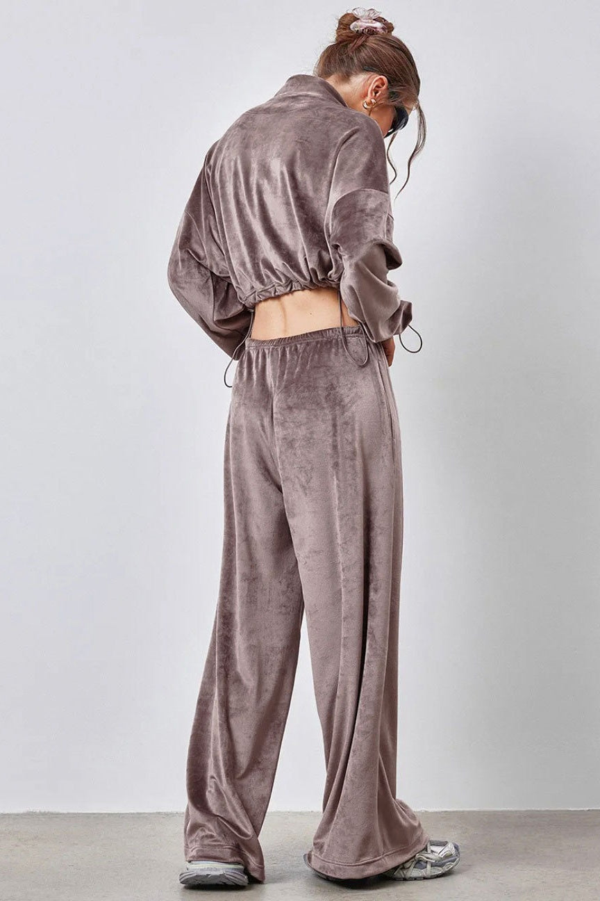 Drawstring Crop Top and Wide Leg Pants Two Piece Set