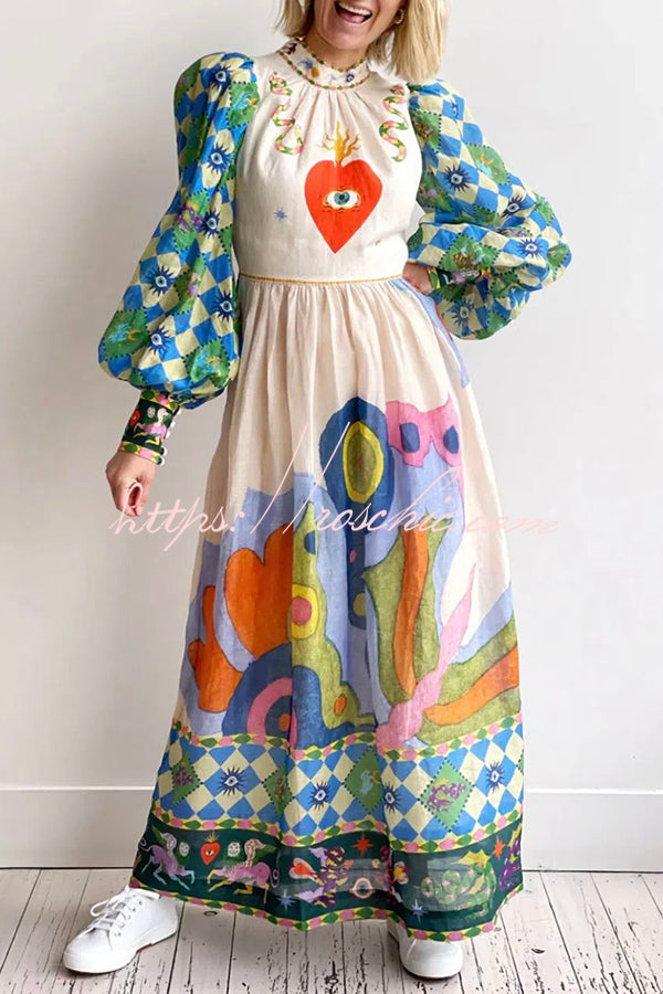 Dear to My Heart Unique Print Lantern Sleeve A-line Midi Dress