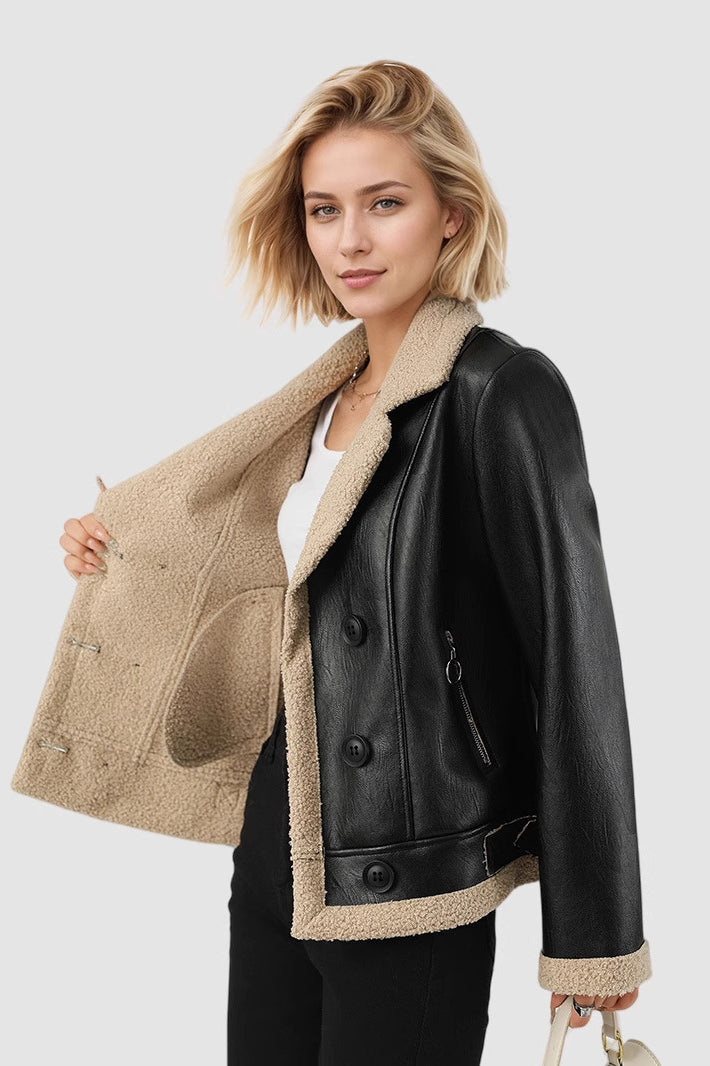 Custom Lapel Lined Pu Leather Coat