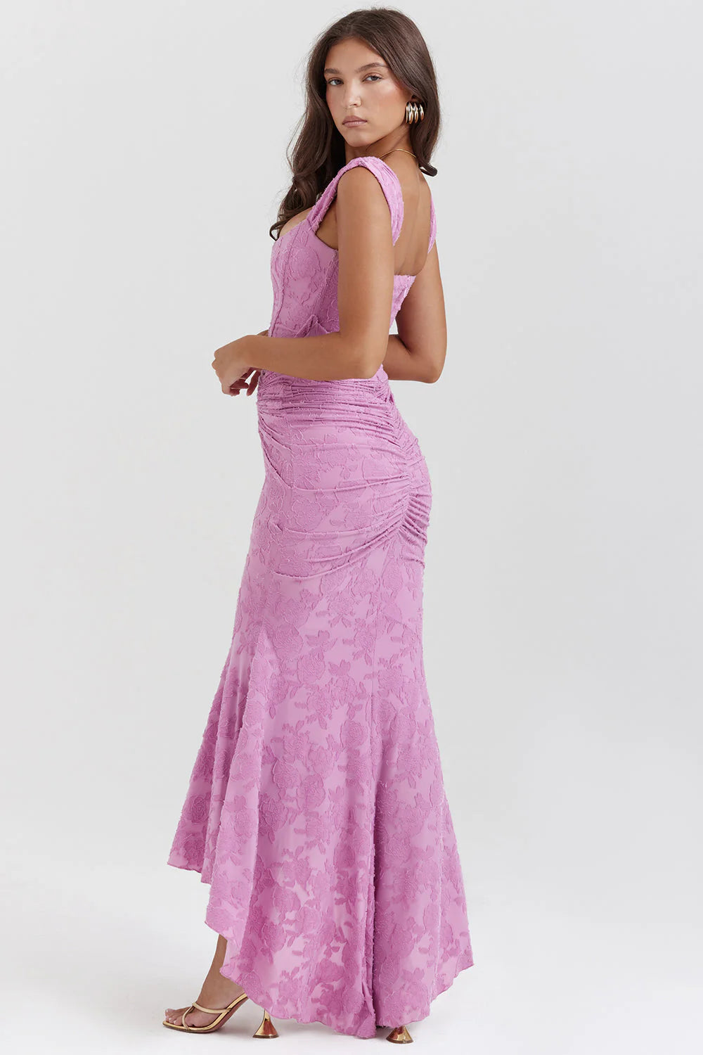 Embroidered Lace Ruched Maxi Dress