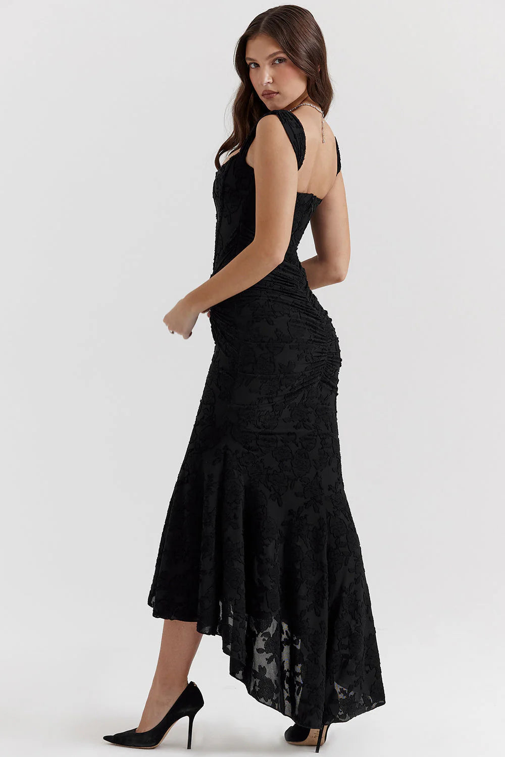 Embroidered Lace Ruched Maxi Dress