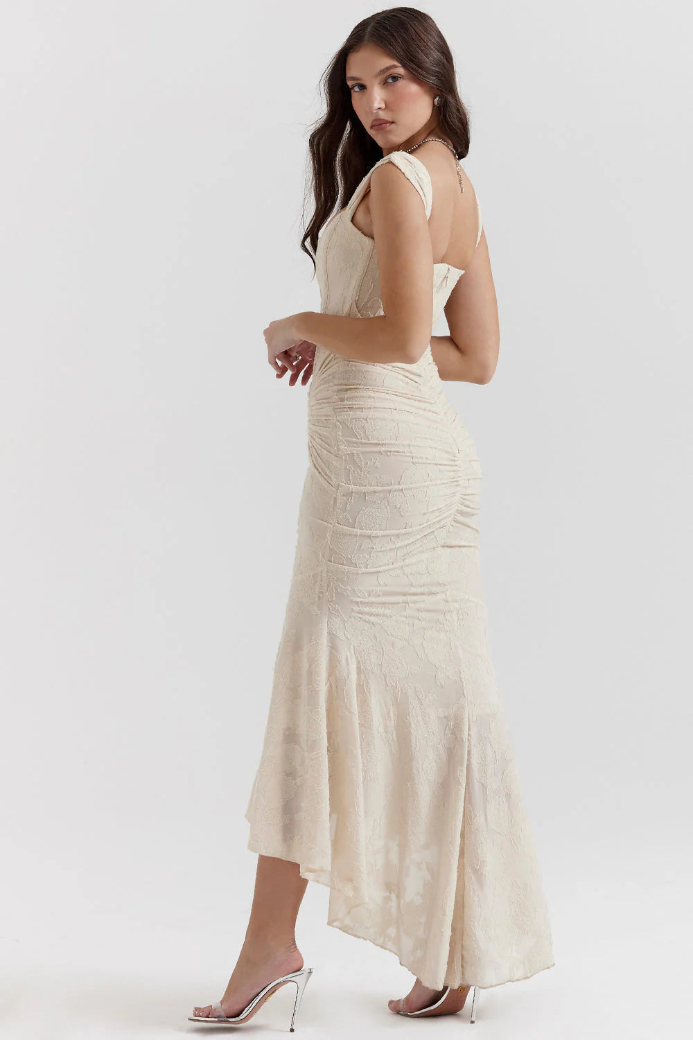 Embroidered Lace Ruched Maxi Dress