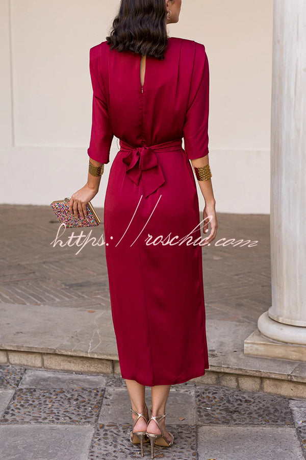 Satin Color Round Neck Half Sleeve Waist Midi Dress