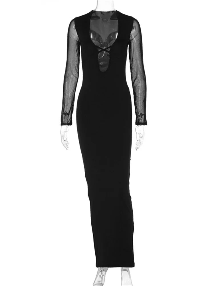 Mesh Lace-up Hollow Out Maxi Dress – V-neck Bandage Party Dress