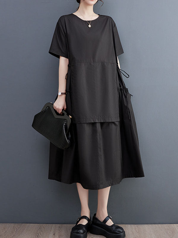 Loose Short Sleeves Color Split-joint Round-neck Midi Dresses