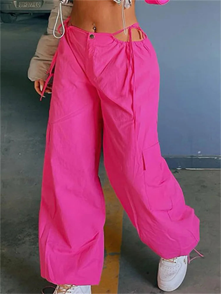 Pink Lace-up Cargo Pants for Wide Leg Baggy High Street Pocket Trousers Hollow Out Designer Trousers