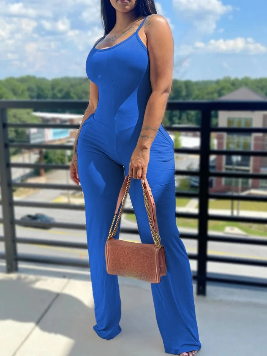 Printed Color Suspender Jumpsuit Round Neck Sleeveless Jumpsuit Basic Outfits