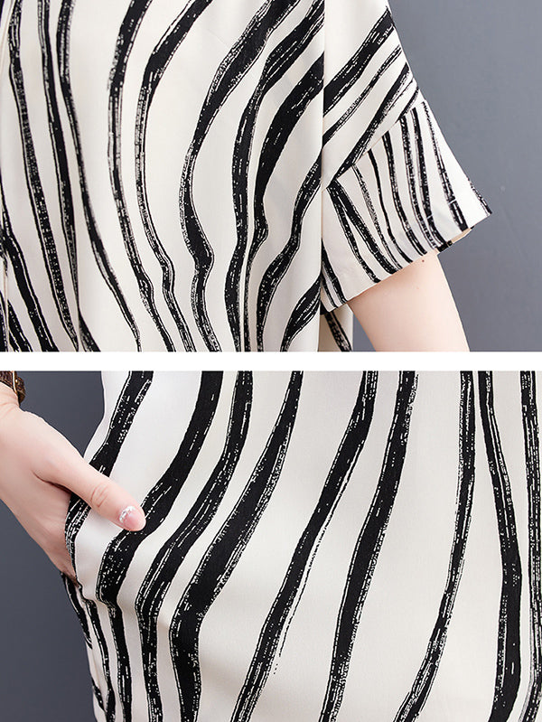 Raglan Sleeve Oversize Zebra-stripe Split-joint Lapel Midi Dresses Shirt Dress