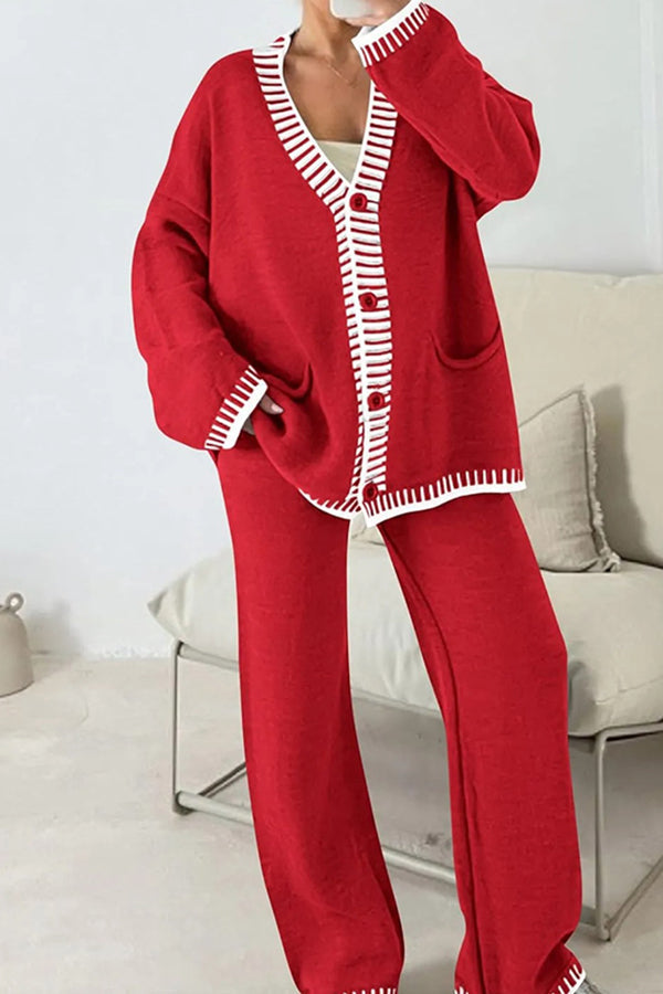 Knitted Long Sleeve Pocket Cardigan and Elastic Waist Loose Wide Leg Pants Set