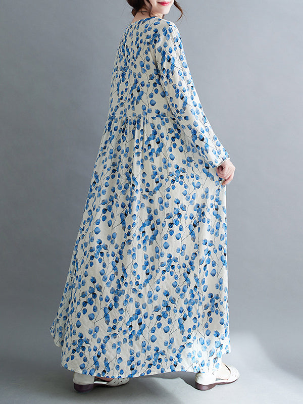 Long Sleeves Loose Flower Print Split-joint Round-neck Midi Dresses