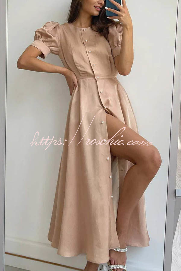 And Classy Vibe Puff Sleeve Pearl Button Slit Midi Dress