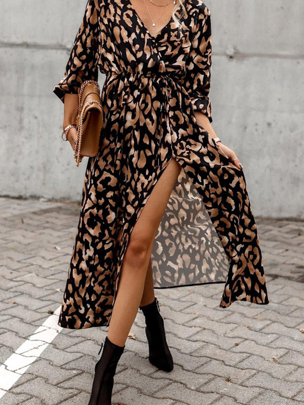 Vacation Loose Long Sleeves Split-side Leopard V-neck Midi Dresses