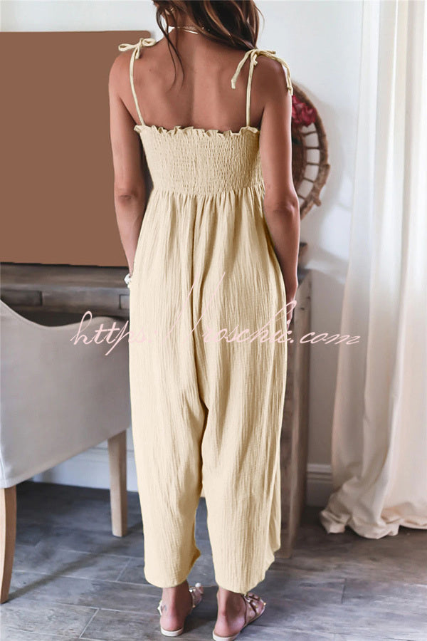 Color High Waist Linen Blend Suspender Pleated Jumpsuit