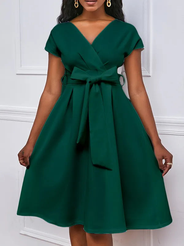 Bowknot Lace-up Color V-neck Midi Dresses