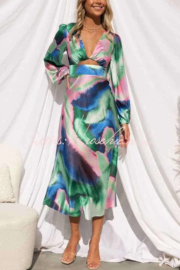 Own the Evening Satin Neon Print Cutout Midi Dress